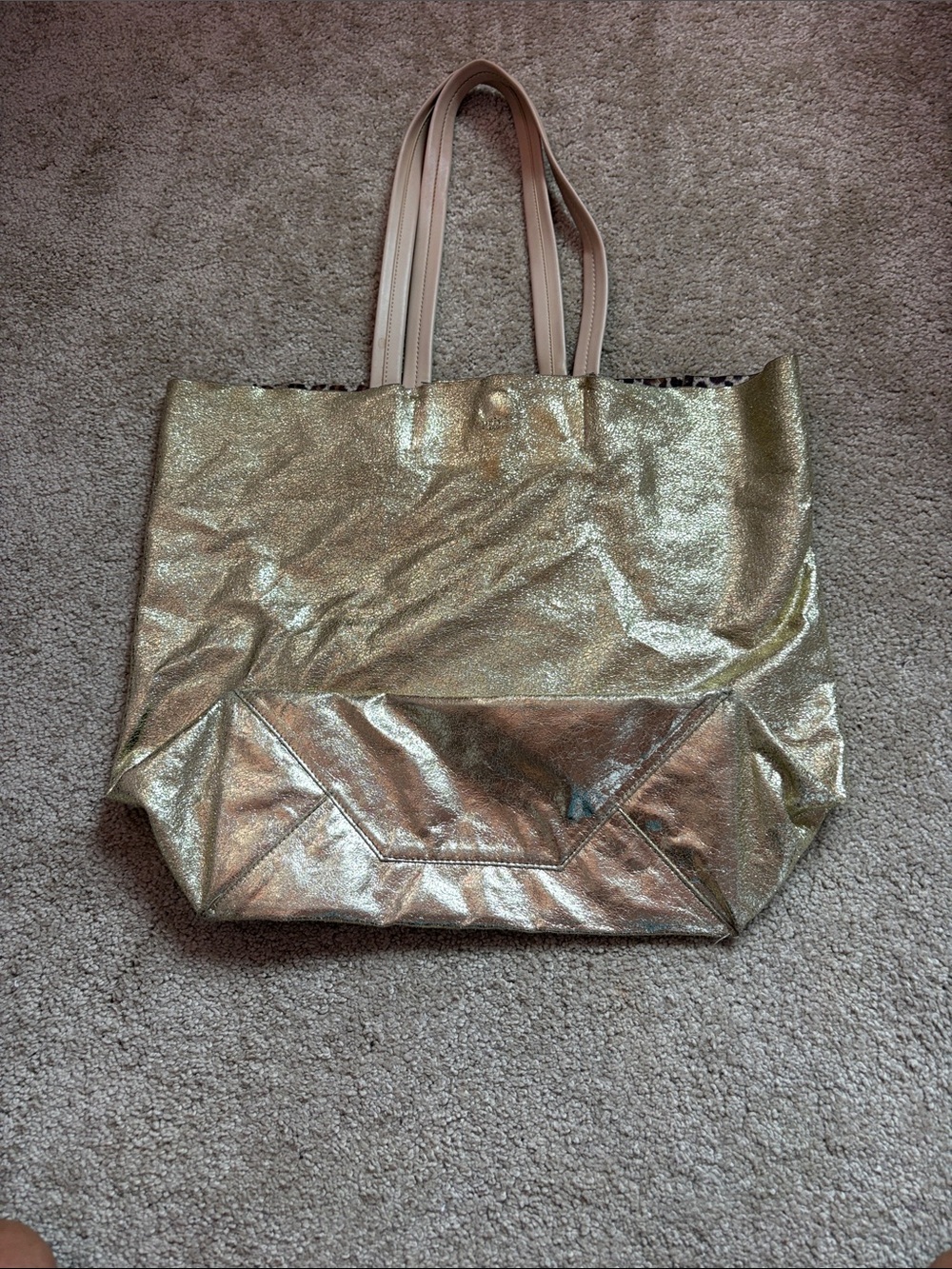 Shimmery Gold Tote with Beige Straps